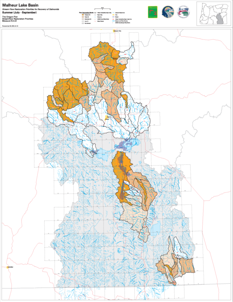 Malheur Lake Basin stremflow restoration priorities for the recovery of salmonids.