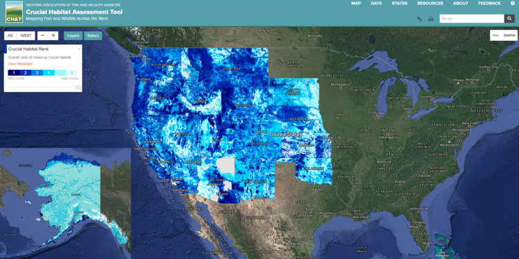 The WAFWA CHAT crucial habitat layers were designed to seamlessly map across state boundaries, creating an unprecedented map of fish and wildlife habitats  covering nearly half the United States.